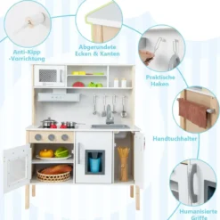 Holz Kinderküche inkl. 18 Zubehör Spielküche mit Spüle & Mikrowelle Spielzeugküche