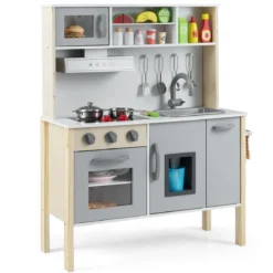 Holz Kinderküche inkl. 18 Zubehör Spielküche mit Spüle & Mikrowelle Spielzeugküche