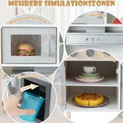Holz Kinderküche inkl. 18 Zubehör Spielküche mit Spüle & Mikrowelle Spielzeugküche