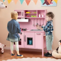 Holz Kinderküche inkl. 18 Zubehör Spielküche mit Spüle & Mikrowelle Spielzeugküche
