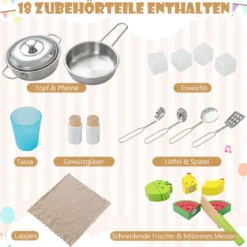 Holz Kinderküche inkl. 18 Zubehör Spielküche mit Spüle & Mikrowelle Spielzeugküche