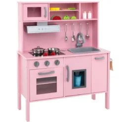 Holz Kinderküche inkl. 18 Zubehör Spielküche mit Spüle & Mikrowelle Spielzeugküche