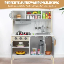 Holz Kinderküche inkl. 18 Zubehör Spielküche mit Spüle & Mikrowelle Spielzeugküche