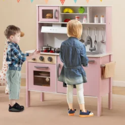 Holz Kinderküche inkl. 18 Zubehör Spielküche mit Spüle & Mikrowelle Spielzeugküche