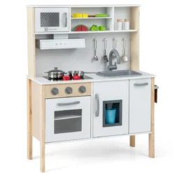 Holz Kinderküche inkl. 18 Zubehör Spielküche mit Spüle & Mikrowelle Spielzeugküche