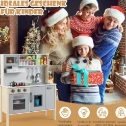 Holz Kinderküche inkl. 18 Zubehör Spielküche mit Spüle & Mikrowelle Spielzeugküche