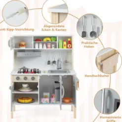 Holz Kinderküche inkl. 18 Zubehör Spielküche mit Spüle & Mikrowelle Spielzeugküche