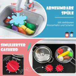 Holz Kinderküche inkl. 18 Zubehör Spielküche mit Spüle & Mikrowelle Spielzeugküche
