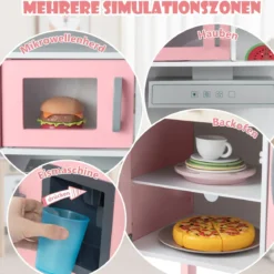 Holz Kinderküche inkl. 18 Zubehör Spielküche mit Spüle & Mikrowelle Spielzeugküche