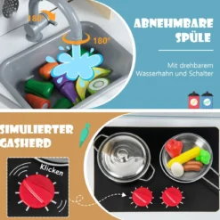 Holz Kinderküche inkl. 18 Zubehör Spielküche mit Spüle & Mikrowelle Spielzeugküche