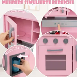 Holz Kinderküche inkl. 18 Zubehör Spielküche mit Spüle & Mikrowelle Spielzeugküche