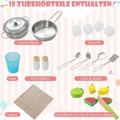 Holz Kinderküche inkl. 18 Zubehör Spielküche mit Spüle & Mikrowelle Spielzeugküche