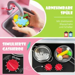 Holz Kinderküche inkl. 18 Zubehör Spielküche mit Spüle & Mikrowelle Spielzeugküche