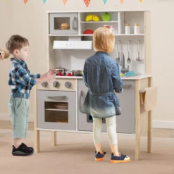 Holz Kinderküche inkl. 18 Zubehör Spielküche mit Spüle & Mikrowelle Spielzeugküche