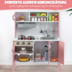 Holz Kinderküche inkl. 18 Zubehör Spielküche mit Spüle & Mikrowelle Spielzeugküche