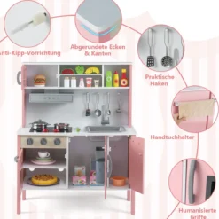 Holz Kinderküche inkl. 18 Zubehör Spielküche mit Spüle & Mikrowelle Spielzeugküche