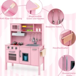 Holz Kinderküche inkl. 18 Zubehör Spielküche mit Spüle & Mikrowelle Spielzeugküche