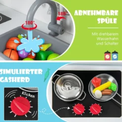 Holz Kinderküche inkl. 18 Zubehör Spielküche mit Spüle & Mikrowelle Spielzeugküche