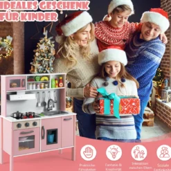 Holz Kinderküche inkl. 18 Zubehör Spielküche mit Spüle & Mikrowelle Spielzeugküche