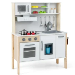 Holz Kinderküche inkl. 18 Zubehör Spielküche mit Spüle & Mikrowelle Spielzeugküche