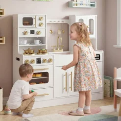 Holz Kinderküche mit Herd & Spüle Holzküche mit Licht & Sound Spielküche inkl. Zubehör Weiß