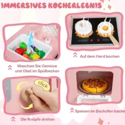 Holz Kinderküche mit Kochgeschirr Holz Spielküche mit Herd & Spüle Küchen Spielset Rosa