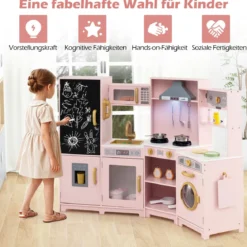Holz Kinderküche mit Licht & Sound Eck Spielküche mit Tafel & Mikrowell & Spüle Holzküche Rosa