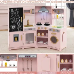 Holz Kinderküche mit Licht & Sound Eck Spielküche mit Tafel & Mikrowell & Spüle Holzküche Rosa