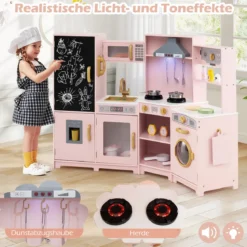 Holz Kinderküche mit Licht & Sound Eck Spielküche mit Tafel & Mikrowell & Spüle Holzküche Rosa