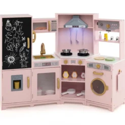 Holz Kinderküche mit Licht & Sound Eck Spielküche mit Tafel & Mikrowell & Spüle Holzküche Rosa