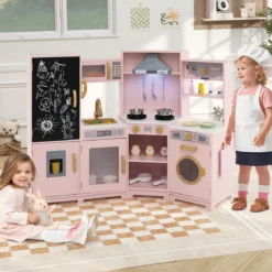 Holz Kinderküche mit Licht & Sound Eck Spielküche mit Tafel & Mikrowell & Spüle Holzküche Rosa