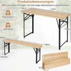 Holz Klappbare Bierzeltgarnitur inkl. 2 Bierbänke & 1 Biertisch 3-teilige Biertischgarnitur 118 cm