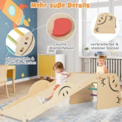 Holzkletterer-Set mit Umkehrbarer Rampe & Wippe & Kletterleiter & Smiley Gesichtsmustern Kletterspielzeug