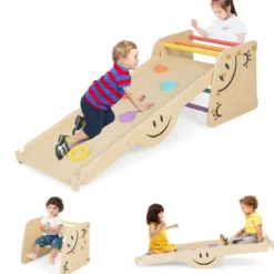 Holzkletterer-Set mit Umkehrbarer Rampe & Wippe & Kletterleiter & Smiley Gesichtsmustern Kletterspielzeug