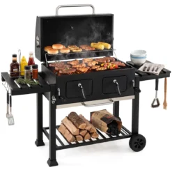 Holzkohlegrill mit Deckel Grillwagen mit Rädern & Abdeckhaube Kugelgrill mit Deckelthermometer