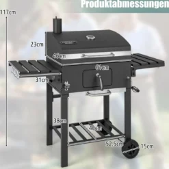 Holzkohlegrill mit Deckel & 2 Klappbaren Beistelltischen & 8 Haken & Thermometer & Flaschenöffner