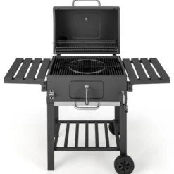 Holzkohlegrill mit Deckel & 2 Klappbaren Beistelltischen & 8 Haken & Thermometer & Flaschenöffner