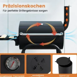 Holzkohlegrill mit Klappbarem Seitentisch & Thermostat Grillwagen Outdoor BBQ Grill