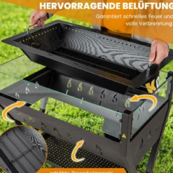 Holzkohlegrill mit Windschutz Würzregalen & Ablage Campinggrill Grillfläche aus Edelstahl 98 x 42 x 68 cm Braun