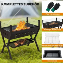 Holzkohlegrill mit Windschutz Würzregalen & Ablage Campinggrill Grillfläche aus Edelstahl 98 x 42 x 68 cm Braun