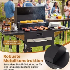 Holzkohlegrill Outdoor Grillwagen mit 2 Seitentischen Großer Räuchergrill mit Rollen