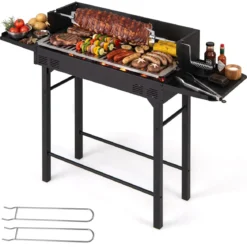 Holzkohlegrill Outdoor Tragbarer Campinggrill mit Integriertem Thermometer aus Metall Schwarz