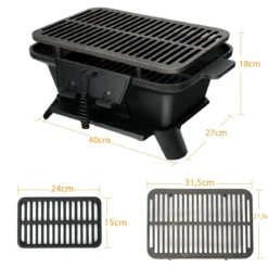 Holzkohlegrill tragbarer gusseiserner Barbecue-Grill BBQ Minigrill Tischgrill für Picknick 2-stufige Grillhöhe 40x27x18cm Schwarz