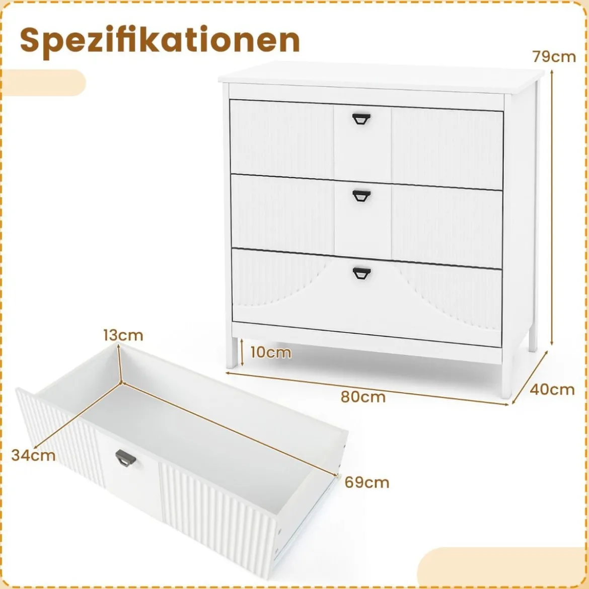 Holz Kommode mit 3 Schubladen & Metallgriffe Modern Sideboard Schubladenschrank