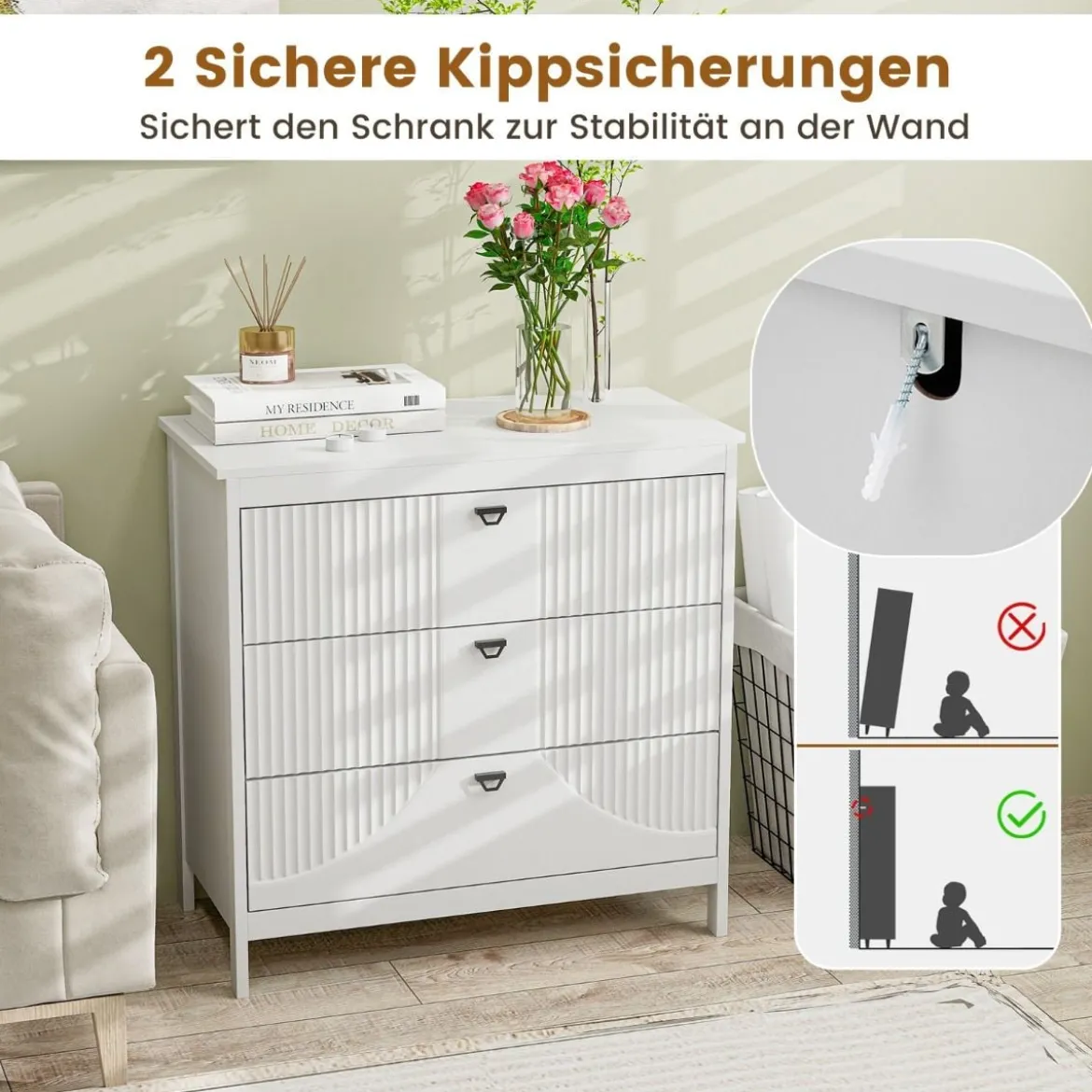 Holz Kommode mit 3 Schubladen & Metallgriffe Modern Sideboard Schubladenschrank