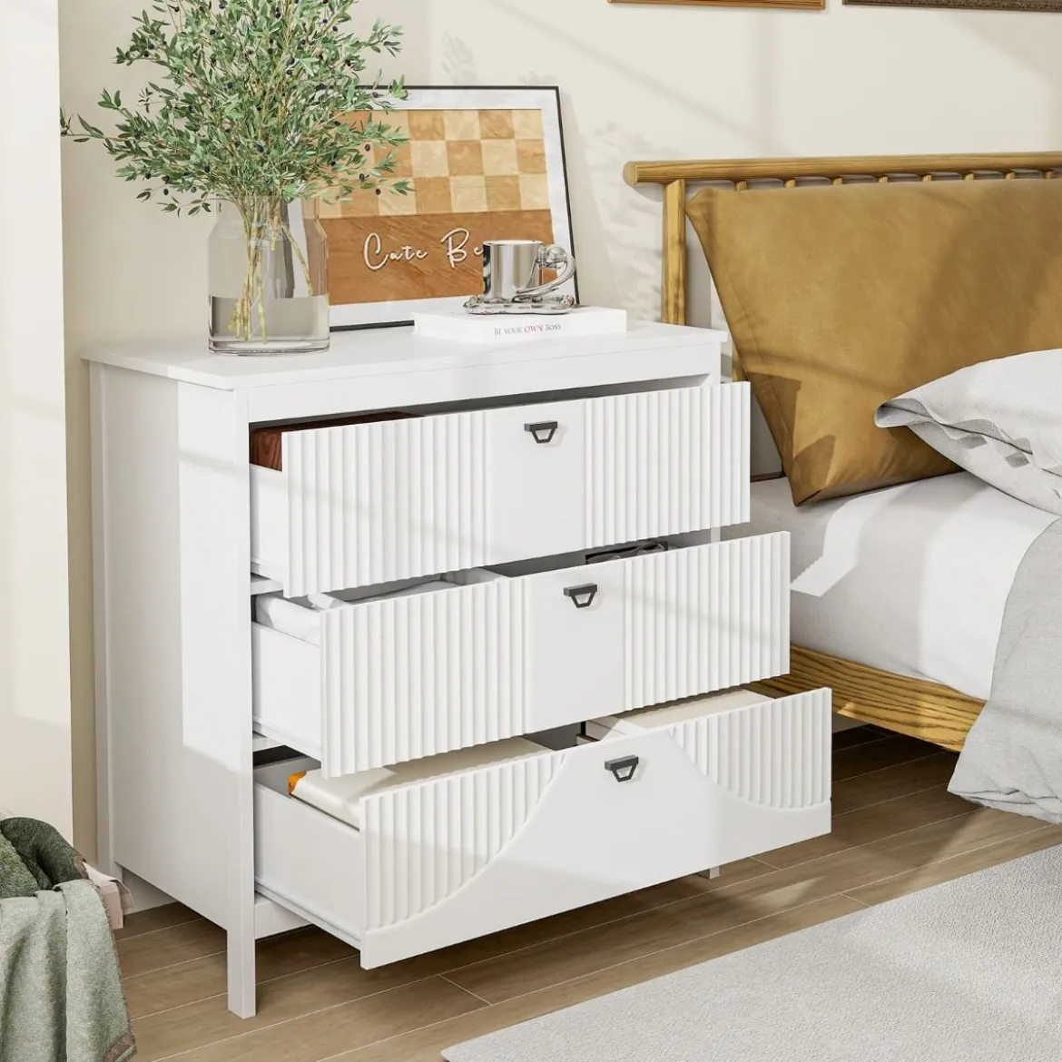 Holz Kommode mit 3 Schubladen & Metallgriffe Modern Sideboard Schubladenschrank