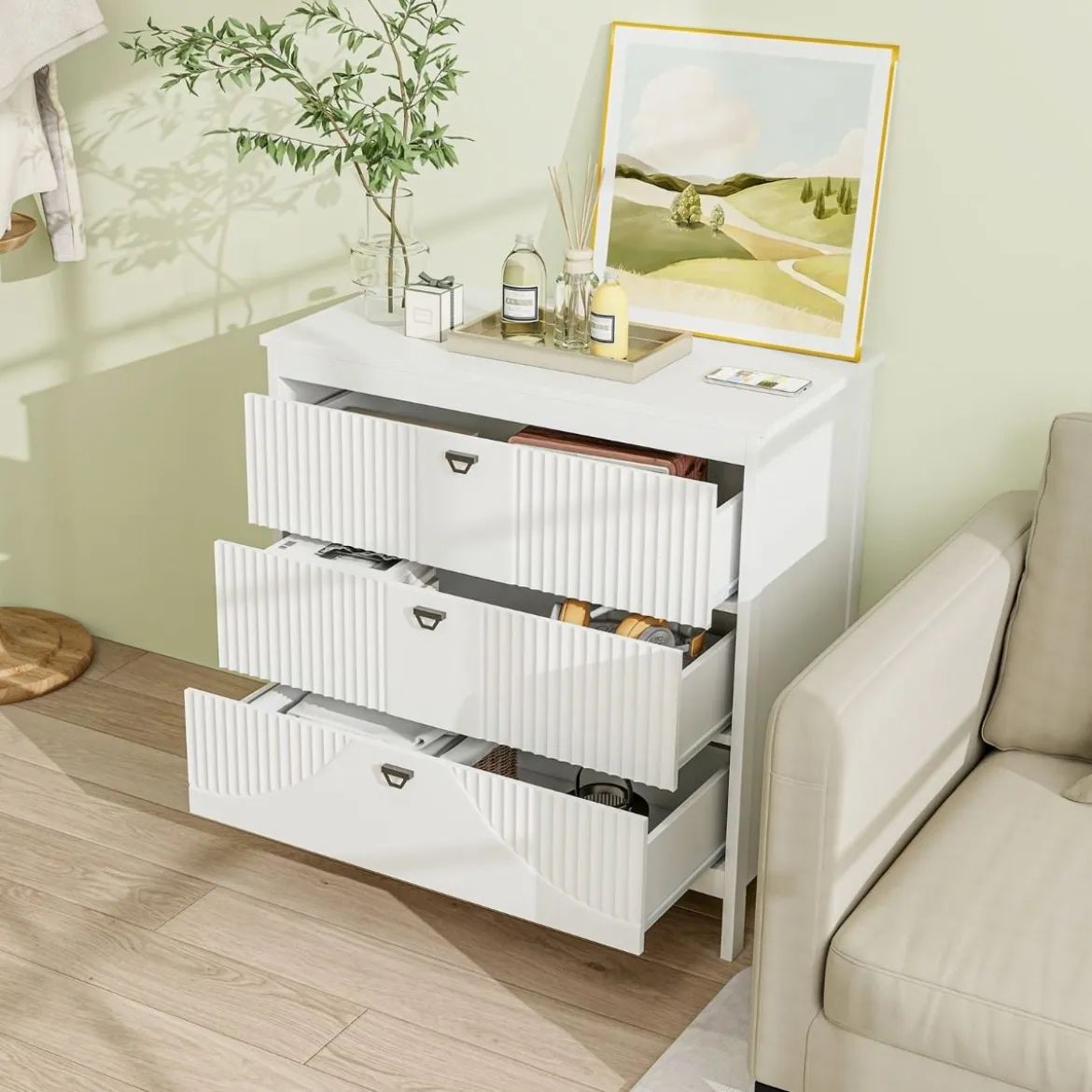 Holz Kommode mit 3 Schubladen & Metallgriffe Modern Sideboard Schubladenschrank