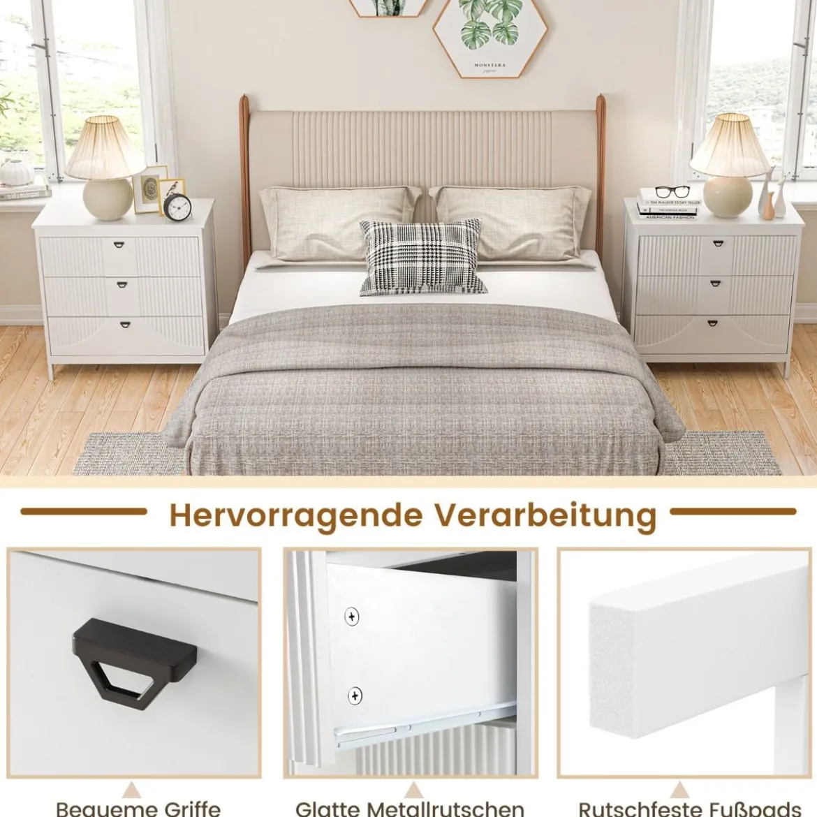 Holz Kommode mit 3 Schubladen & Metallgriffe Modern Sideboard Schubladenschrank