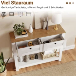 Holz Konsolentisch mit 2 Schubladen 2 Ebenen Schmaler Flurtisch Eingangstisch Beistelltisch Weiß