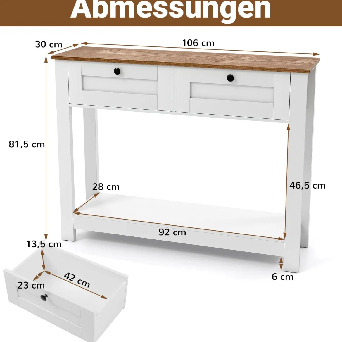 Holz Konsolentisch mit 2 Schubladen 2 Ebenen Schmaler Flurtisch Eingangstisch Beistelltisch Weiß